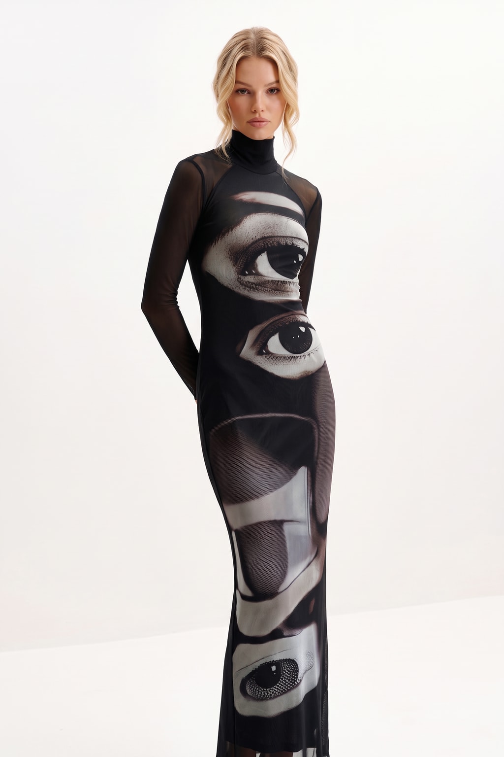 Black Mesh Eye Print Maxi Dress - 4