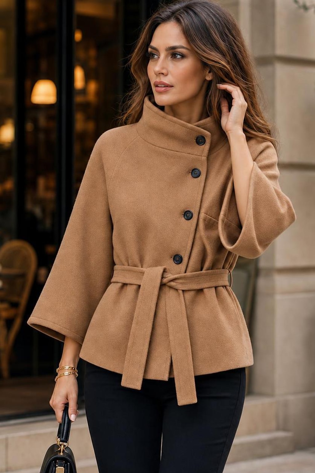 Polyester Tie-Belt Jacket With Stand-Up Collar - 4
