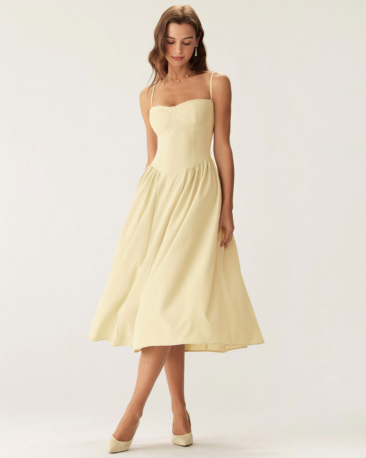 Yellow square neck midi dress with pockets - view 2