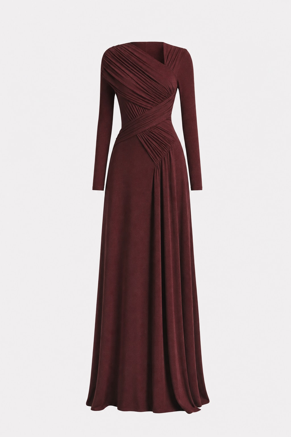 Maxi Dress with Asymmetric Ruching and Long Sleeves - 1