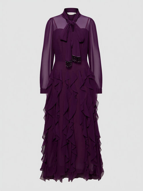 Purple tiered ruffle maxi dress with bow neck