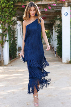 Fringe Trim Asymmetric Maxi Dress With Flowing Hem - 2