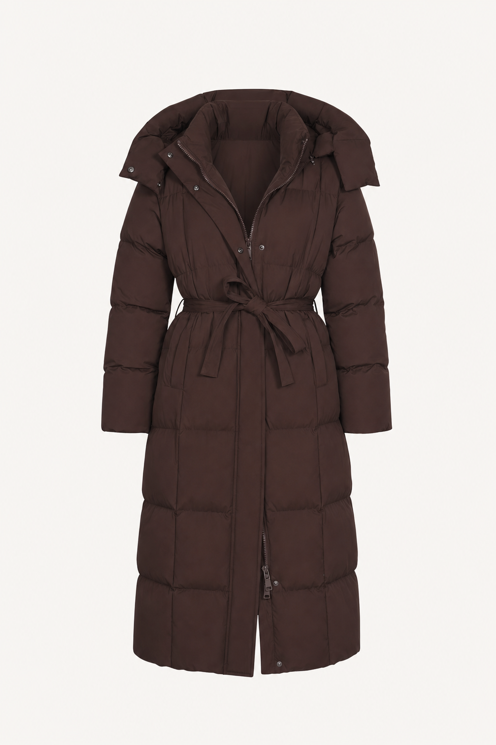 Padded Full-Length Coat With Cinched Waist