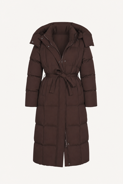 Padded Full-Length Coat With Cinched Waist