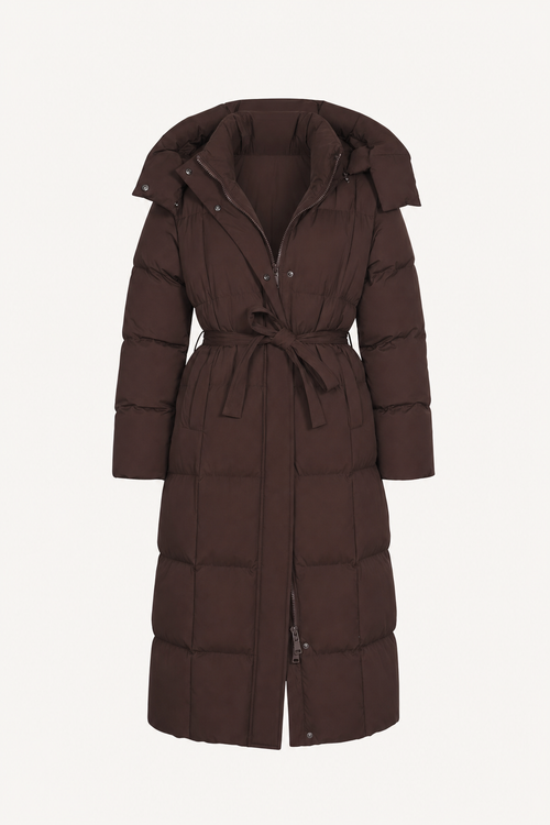 Padded Full-Length Coat With Cinched Waist