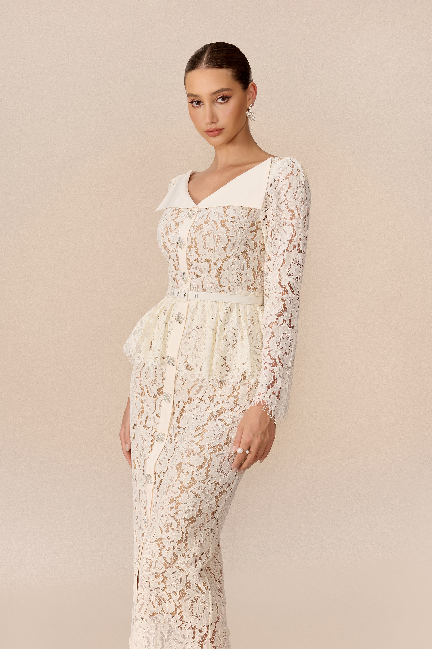 Floral Lace Midi Dress with Belted Lapel Collar - view 3