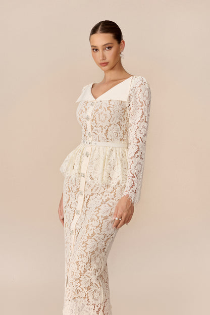 Floral Lace Midi Dress with Belted Lapel Collar - view 3