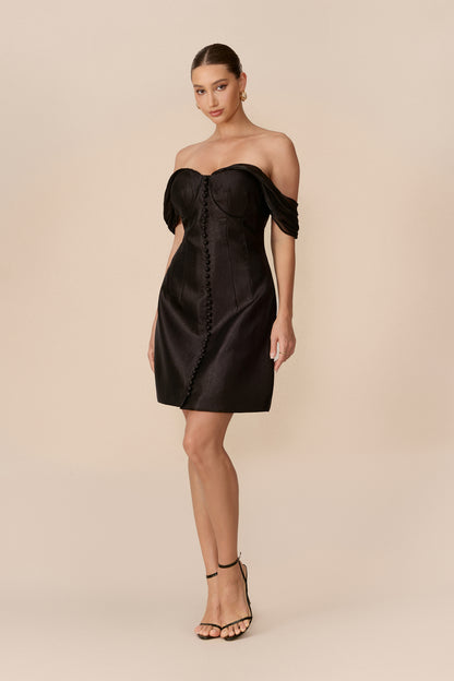 Black satin off-shoulder corset mini dress - view 5