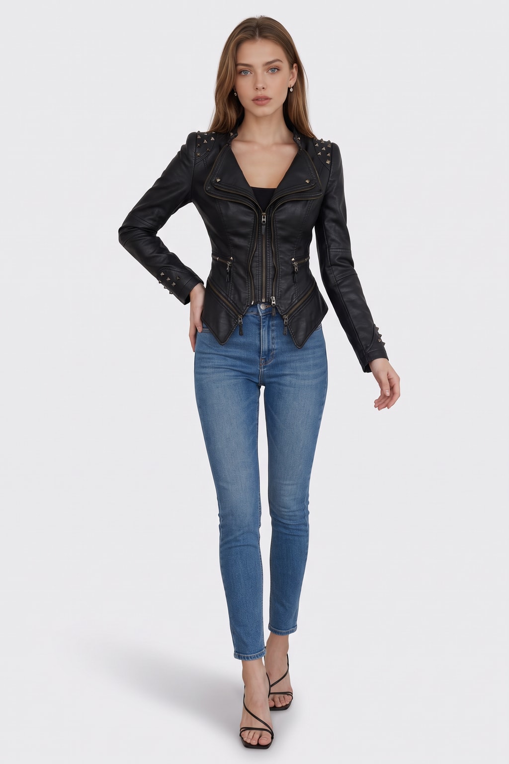 Faux Leather Peplum Jacket With Zip Cuffs - 2