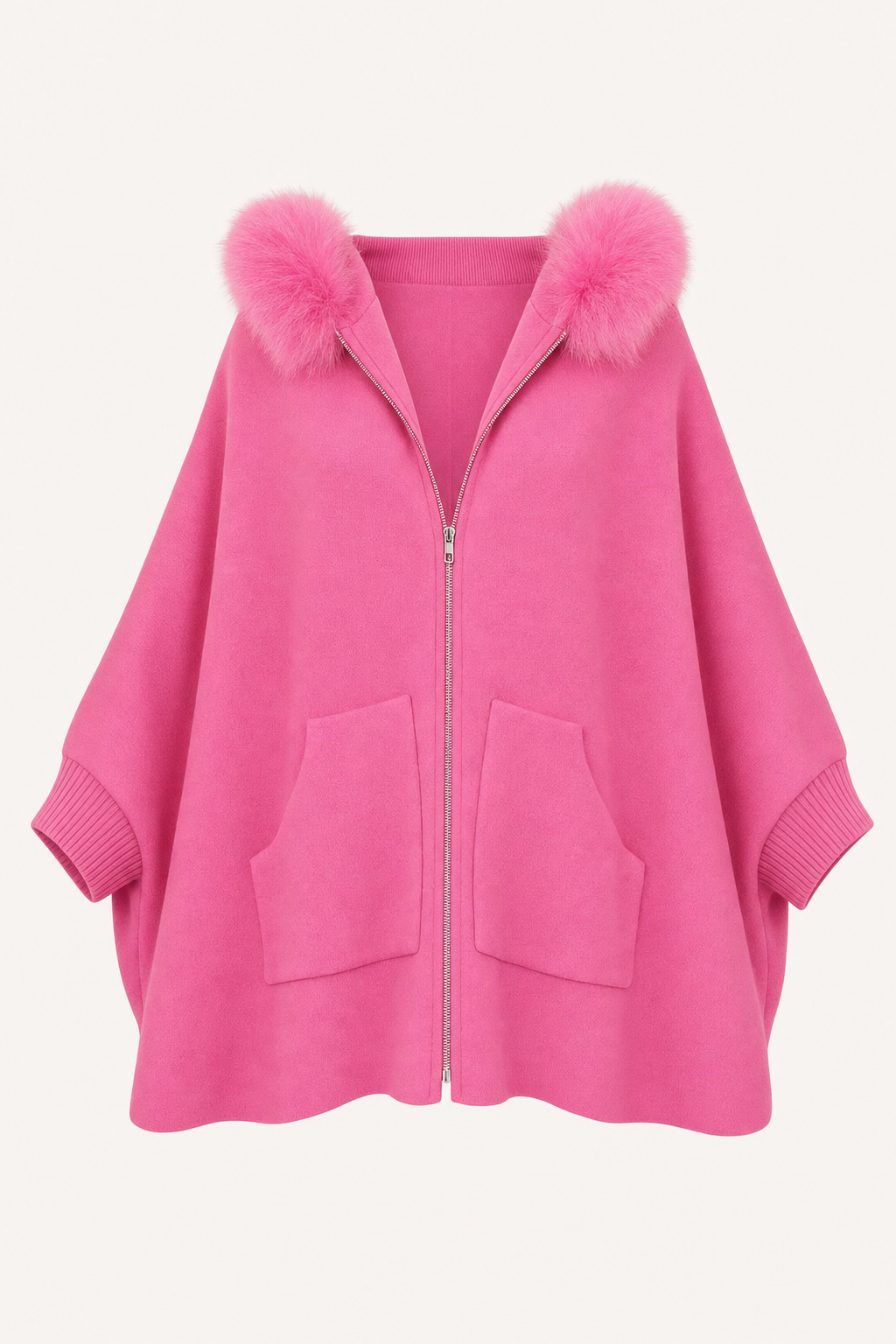 Fur-Trim Hooded Coat, Roomy Fit