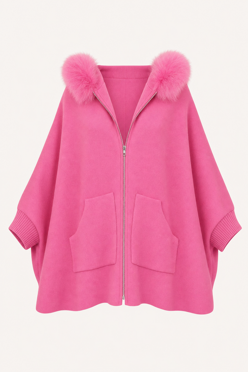 Fur-Trim Hooded Coat, Roomy Fit