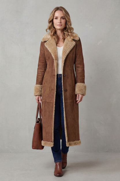Brown Shearling Lined Longline Coat - view 3