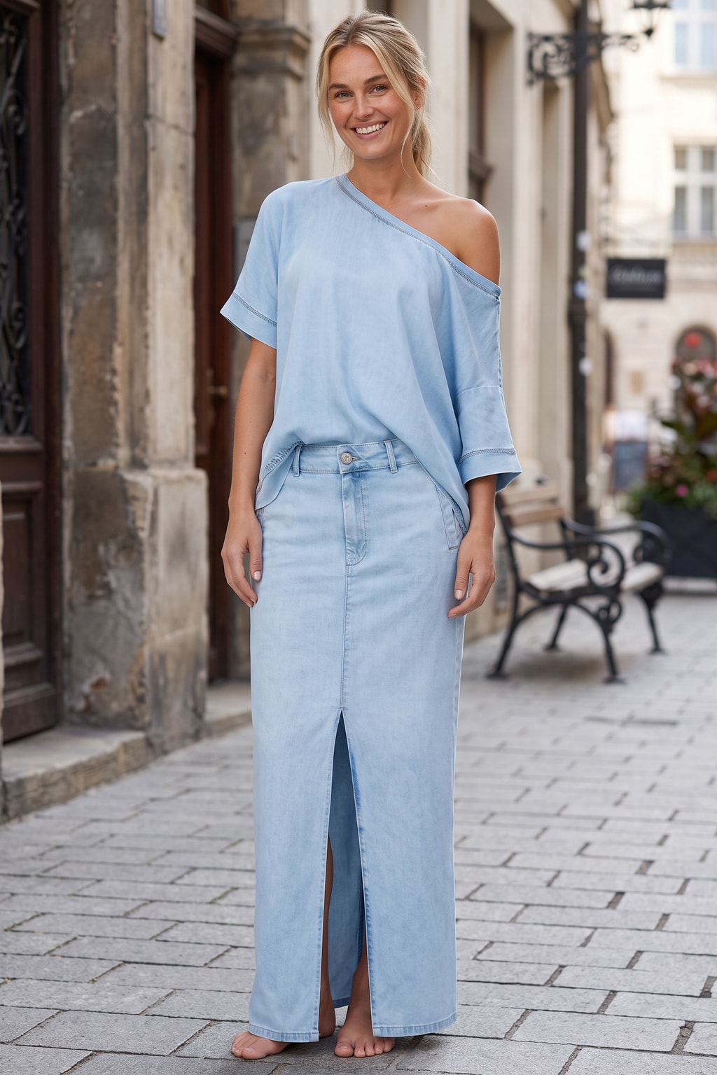 Blue Denim Off-Shoulder Maxi Skirt Set - 2