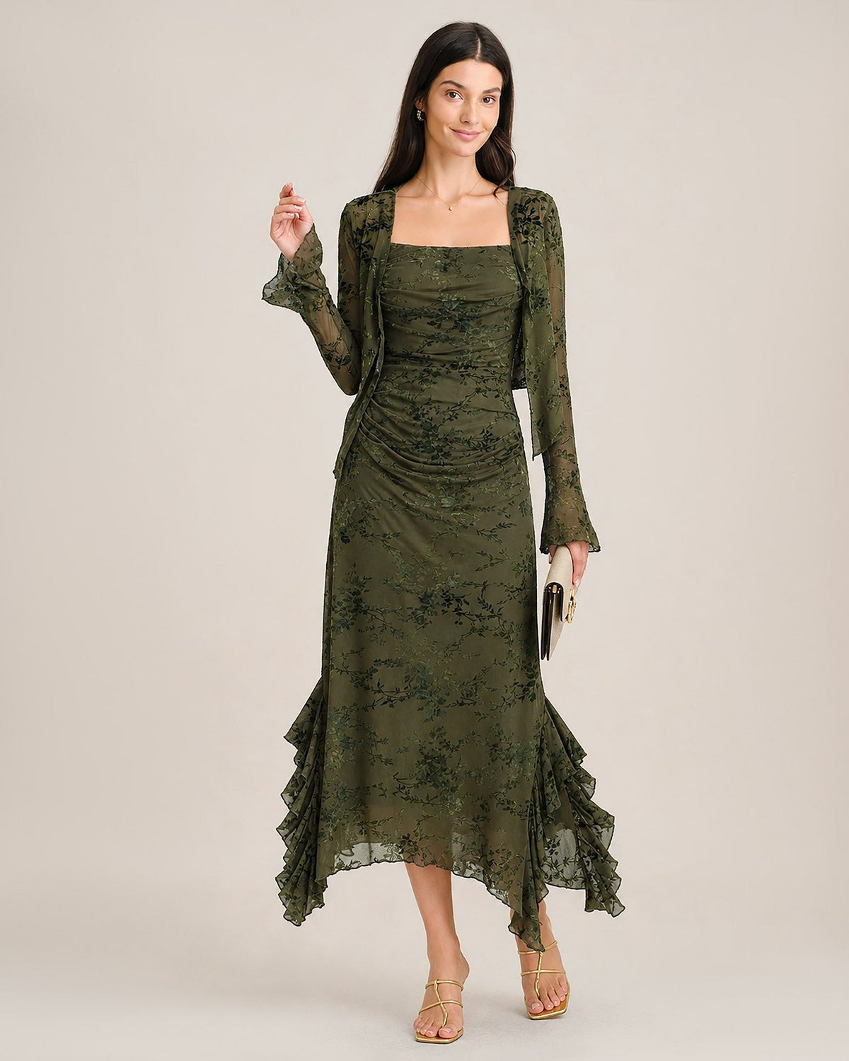 Green Mesh Floral Ruffle Midi Dress - view 2
