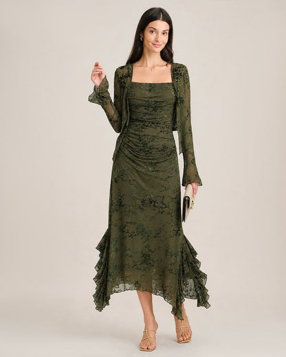 Green Mesh Floral Ruffle Midi Dress - view 2