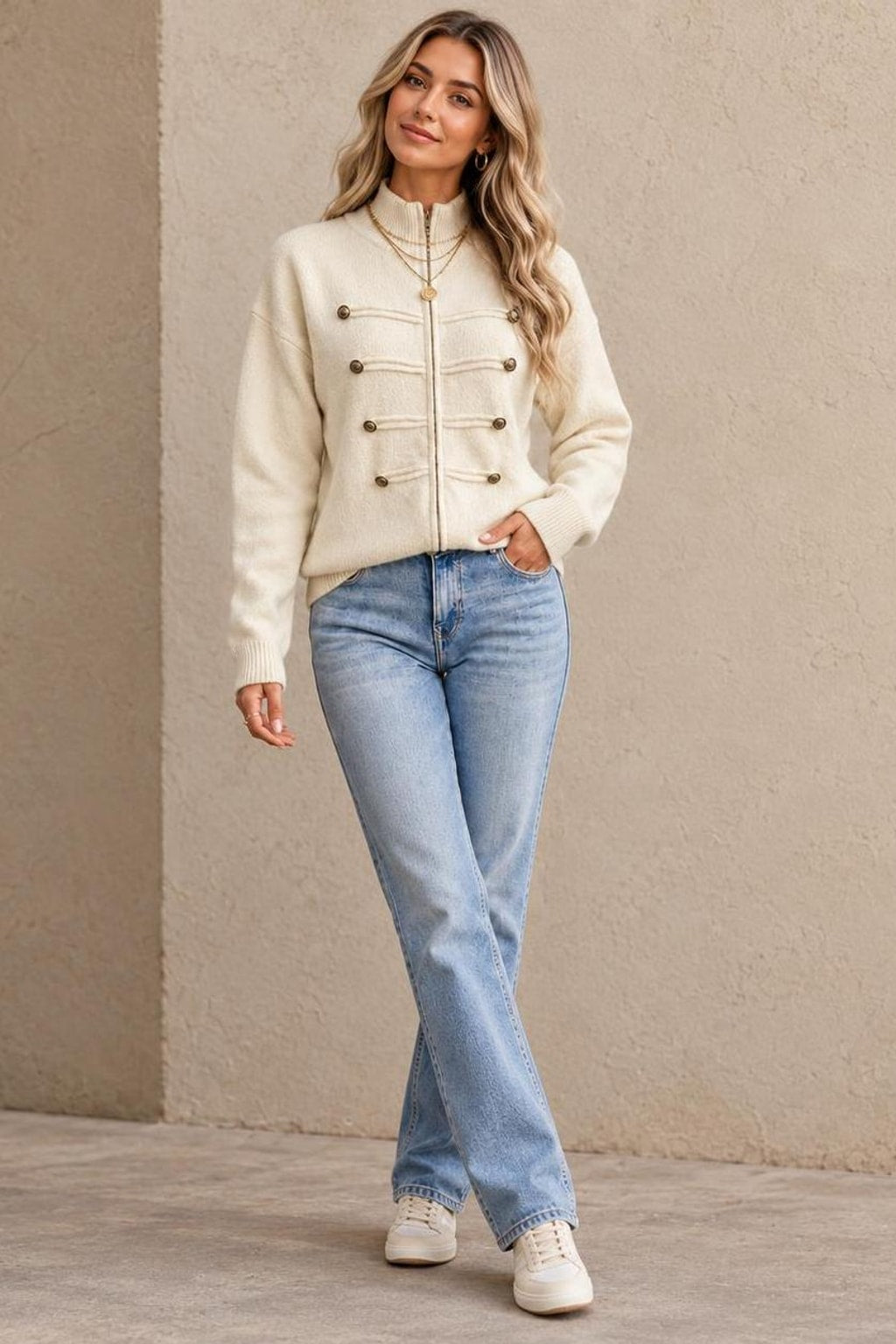 Knit Zip-Front Military-Style Cardigan - 8