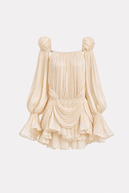 Beige Off-Shoulder Mini Dress with Ruffle Hem