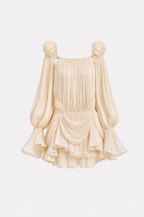 Beige Off-Shoulder Mini Dress with Ruffle Hem