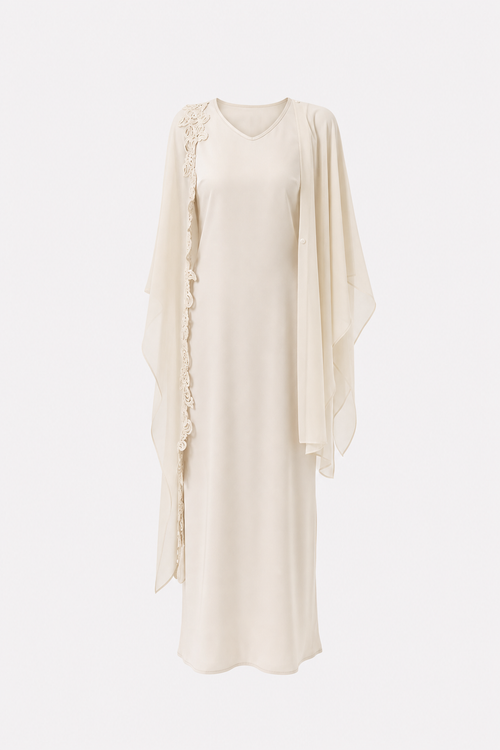 Beige Maxi Dress with Lace Cape Overlay
