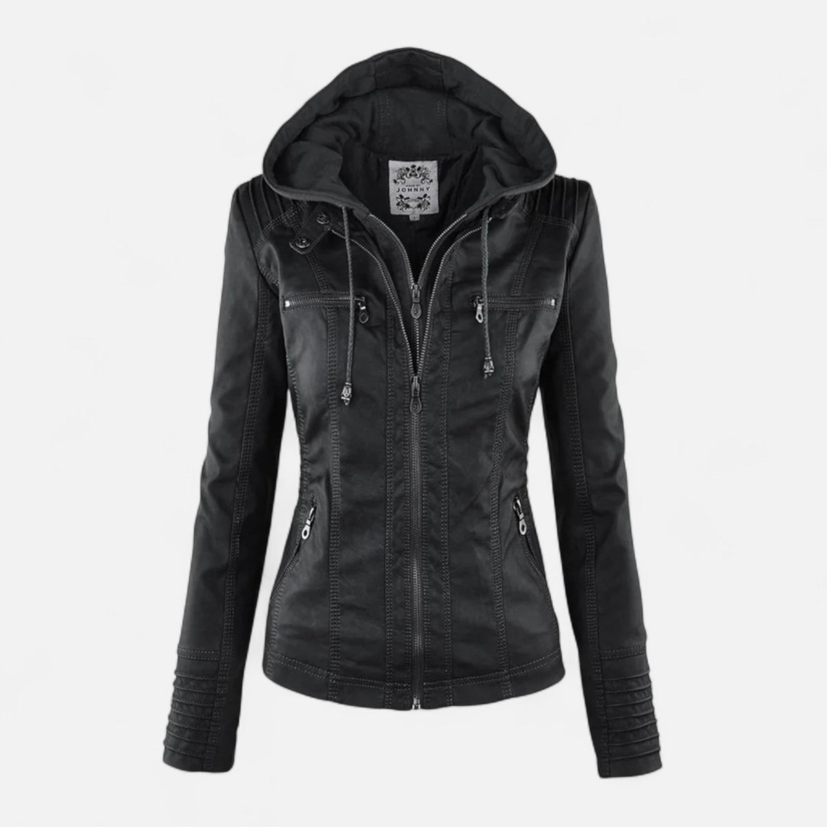 Faux Leather Hooded Moto Jacket, Zip Cuffs - view 6