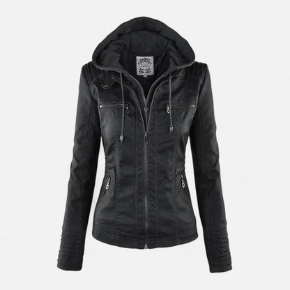 Faux Leather Hooded Moto Jacket, Zip Cuffs - view 6