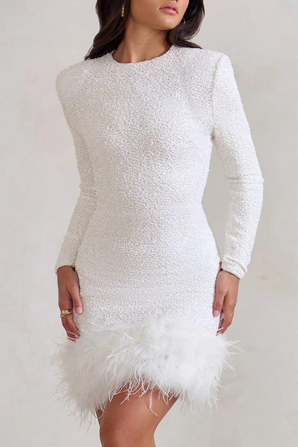 Sequin long sleeve mini dress with feather hem - view 3