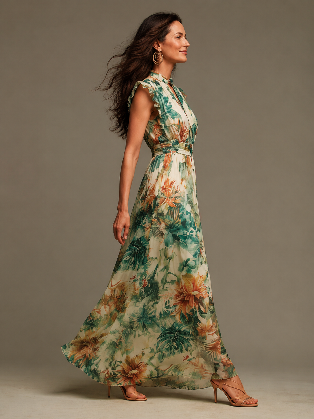 Green Botanical Chiffon Maxi Dress, Ruffle V-Neck - view 3