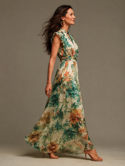 Green Botanical Chiffon Maxi Dress, Ruffle V-Neck - view 3