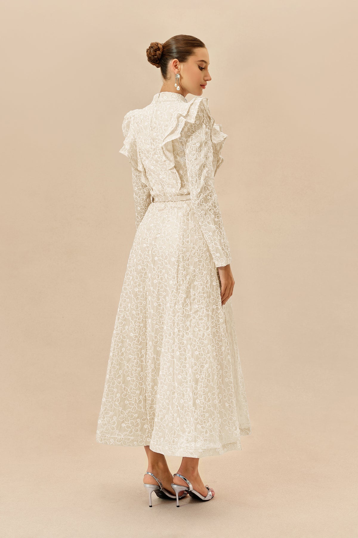 Beige floral embroidery belted maxi dress - view 4