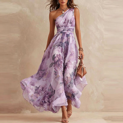 One-Shoulder Watercolor Floral Maxi Dress - view 6