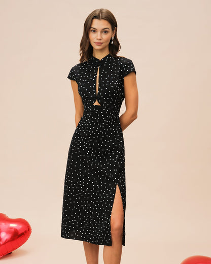 Black Polka Dot Mandarin Collar Midi Dress - view 2