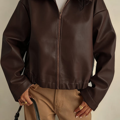 Cropped Faux Leather Zip Jacket with Collar - view 8
