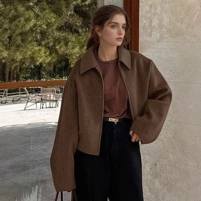 Wool blend cropped jacket with wide collar - view 3