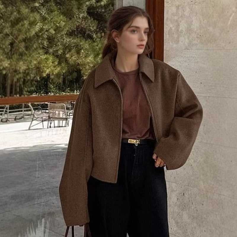 Cozy Wool Blend Cropped Jacket With Wide Collar - 7