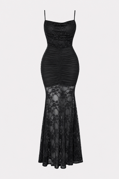 Black Lace Ruched Mermaid Maxi Dress