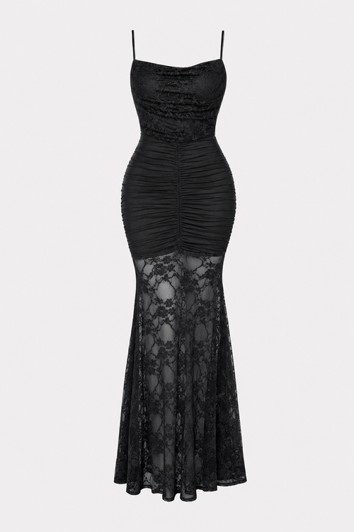 Black Lace Ruched Mermaid Maxi Dress
