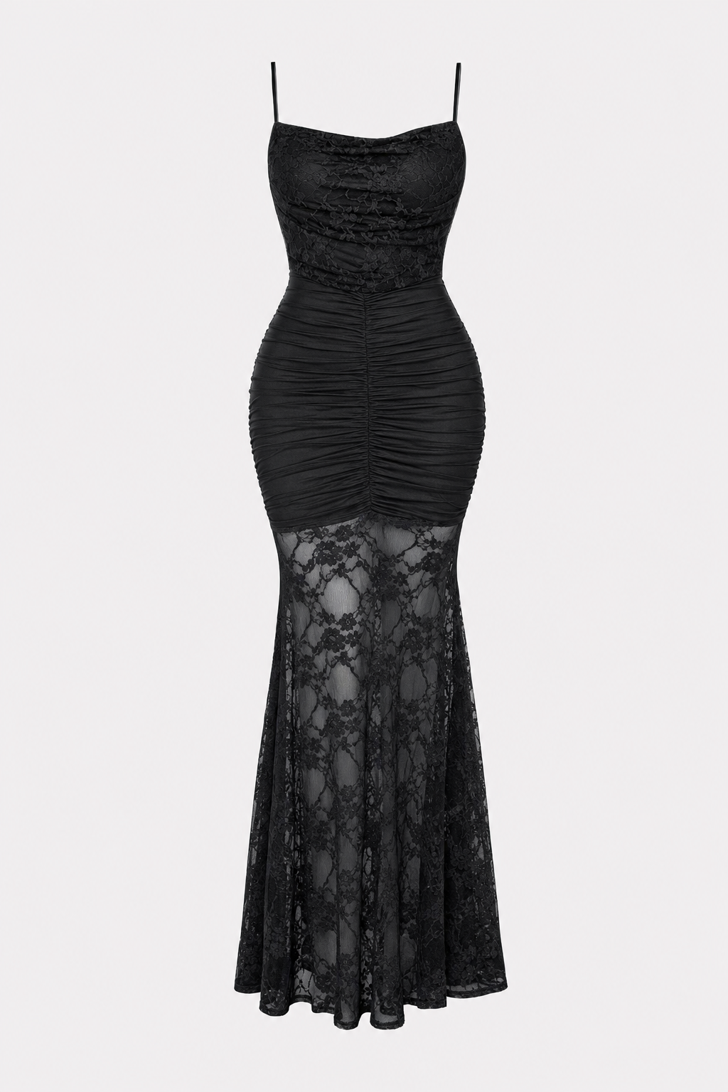 Black Lace Ruched Mermaid Maxi Dress - 1
