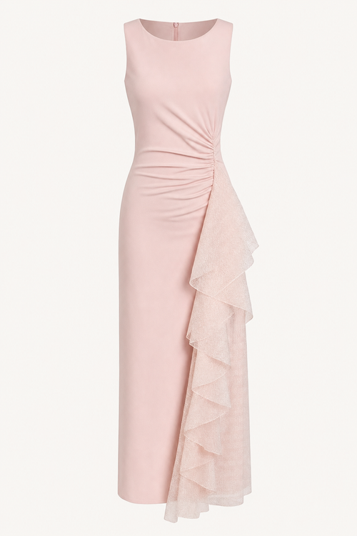 Pleated Strapless Midi Dress in Pink