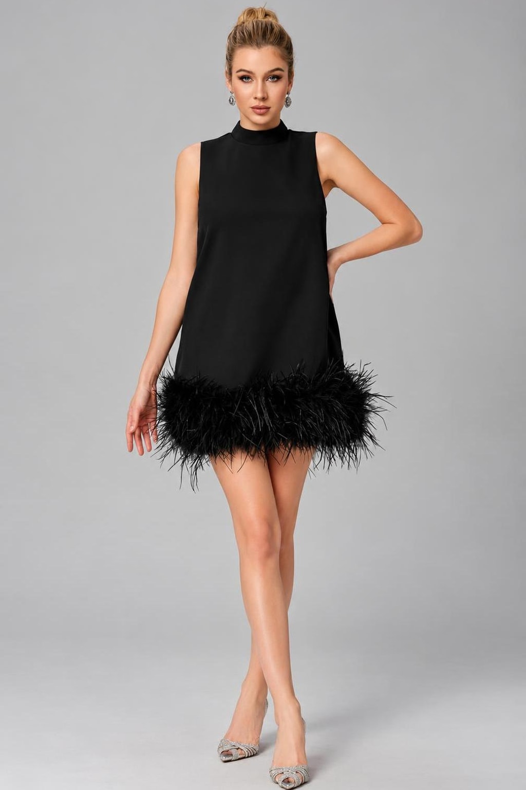 Mock Neck Sleeveless Mini Dress With Feather Hem Holiday Party-6