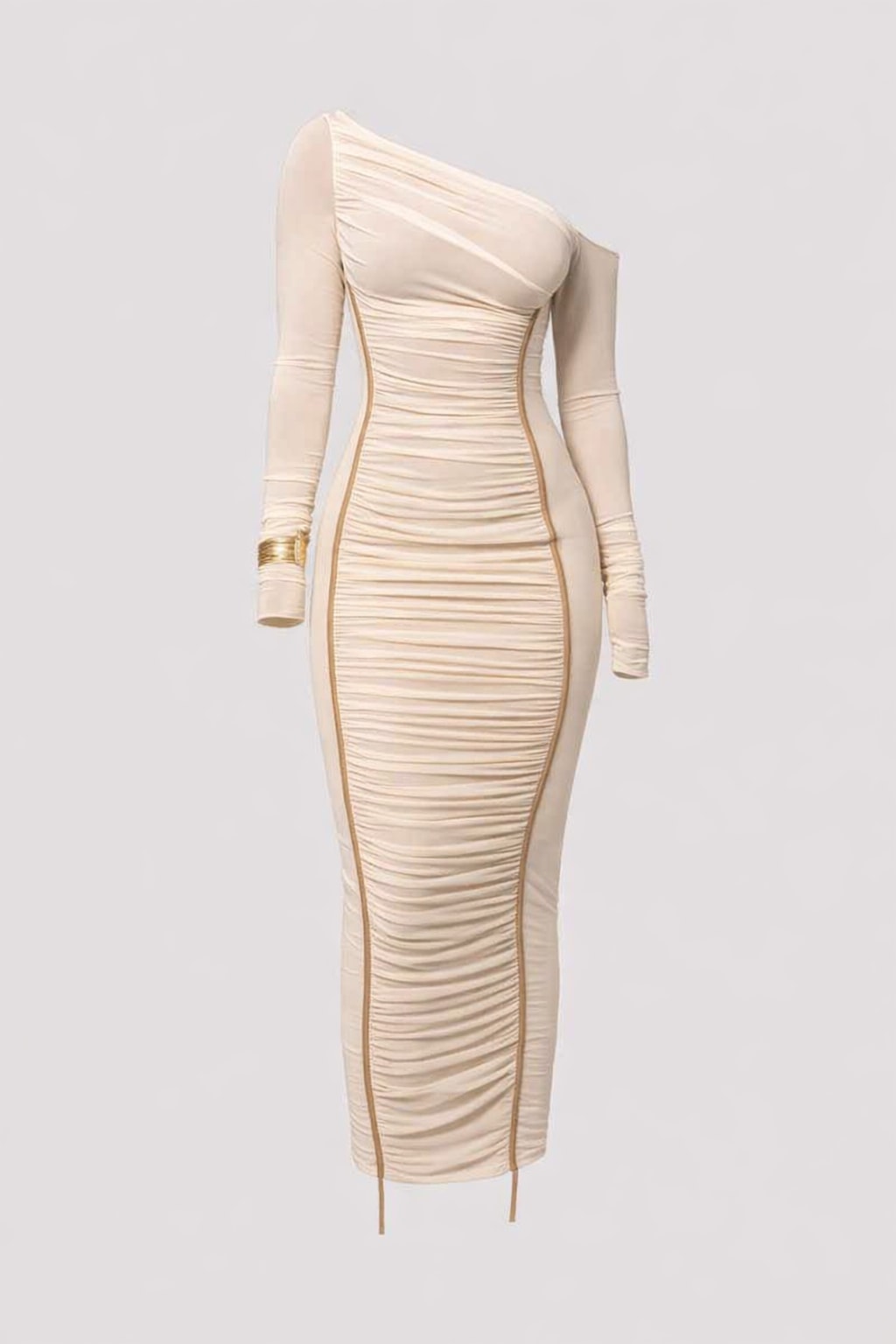 Polyester Midi Dress with One-Shoulder Long Sleeve - 1