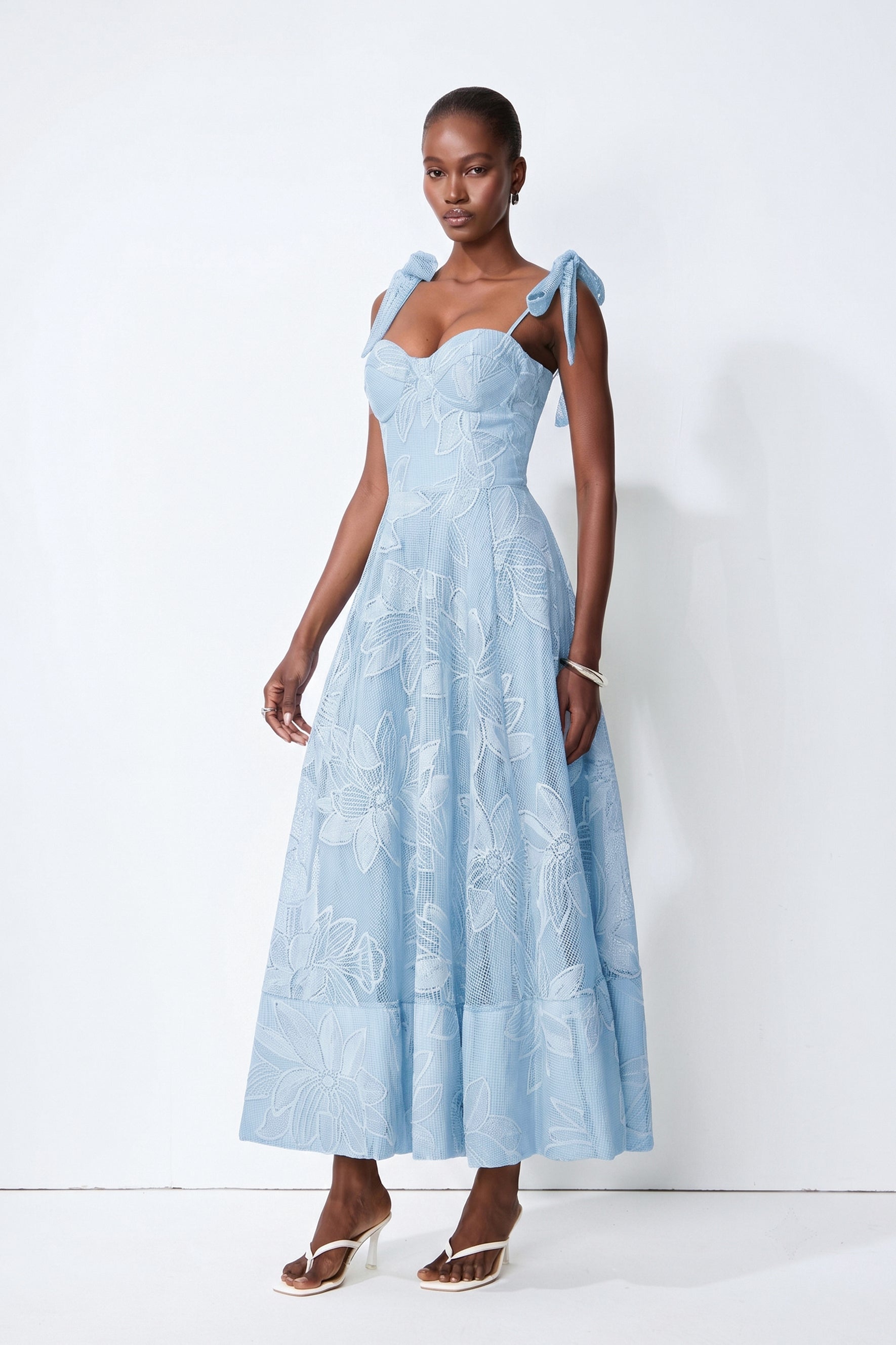 Blue Floral Lace Maxi Dress with Bow Straps - view 4