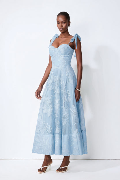 Blue Floral Lace Maxi Dress with Bow Straps - view 4