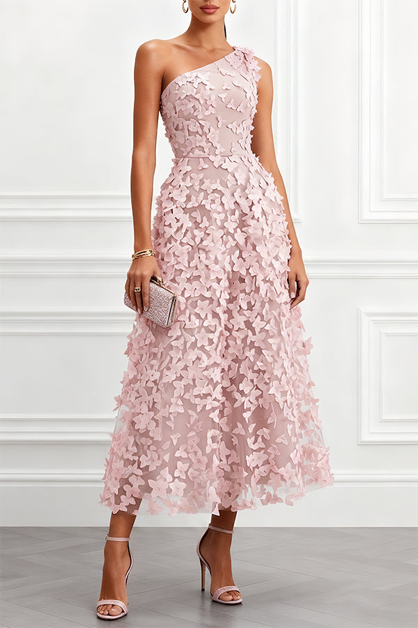 Tulle floral one-shoulder midi dress - view 3