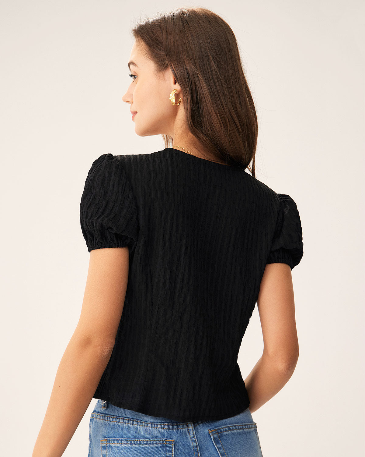 Black Jacquard Lace Blouse Puff Sleeve Button-Front Top - 4