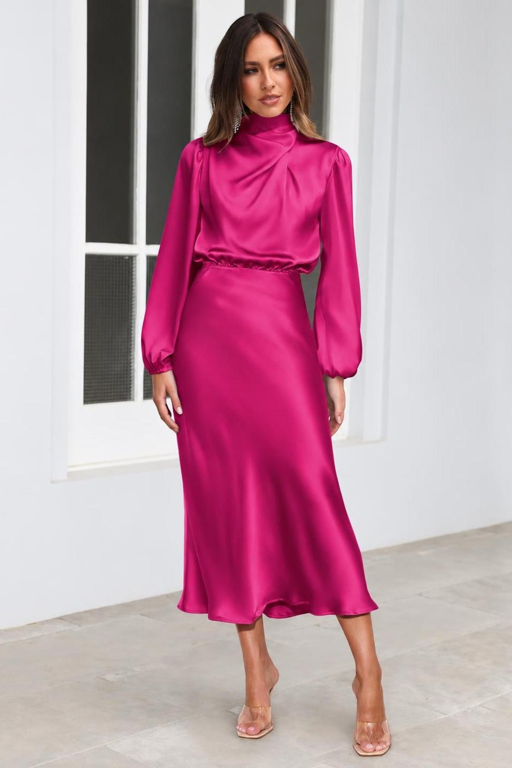 Satin High-Neck Midi Dress - 11
