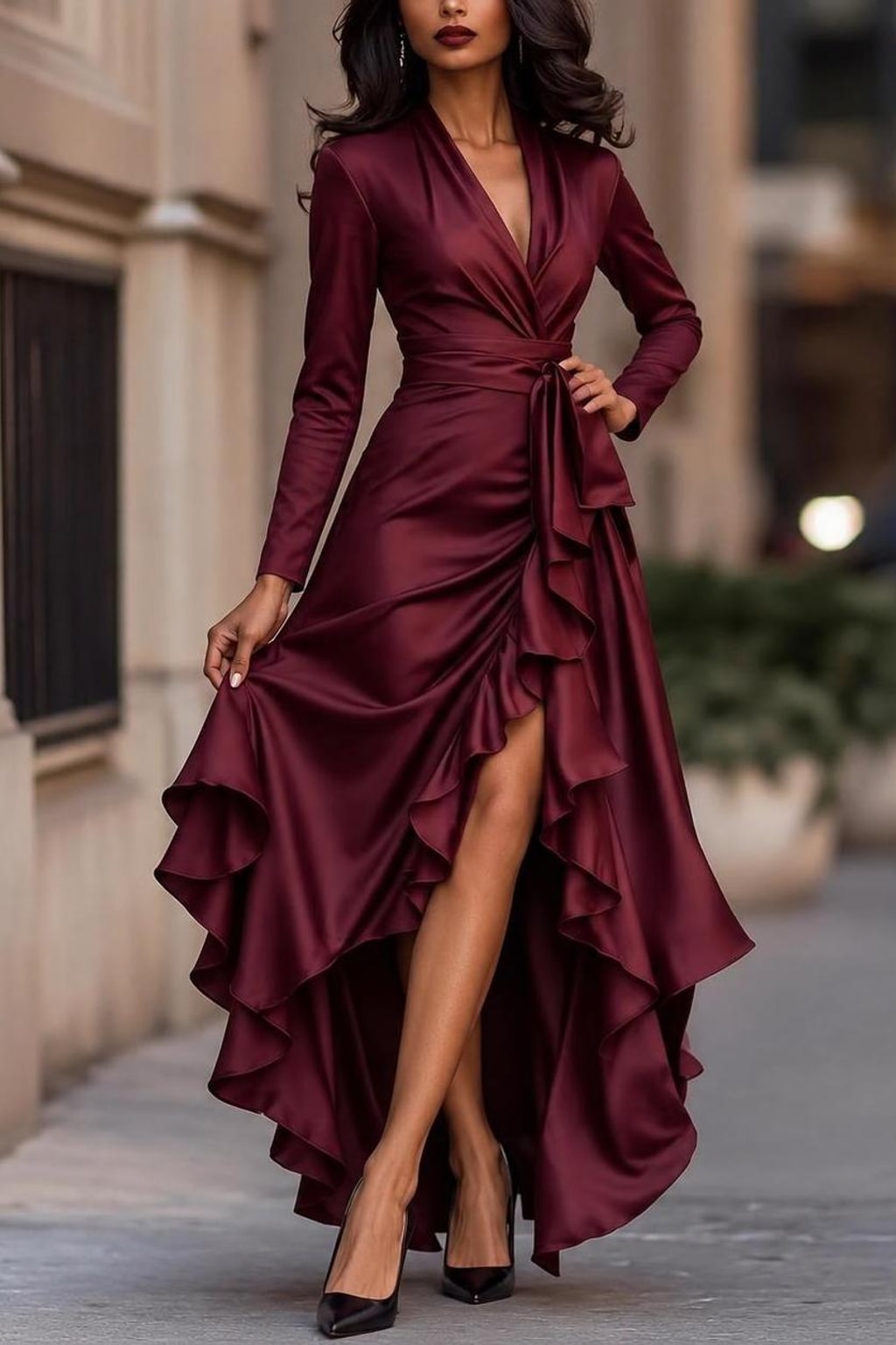 Satin Wrap Midi Dress With Tie Waist - 5