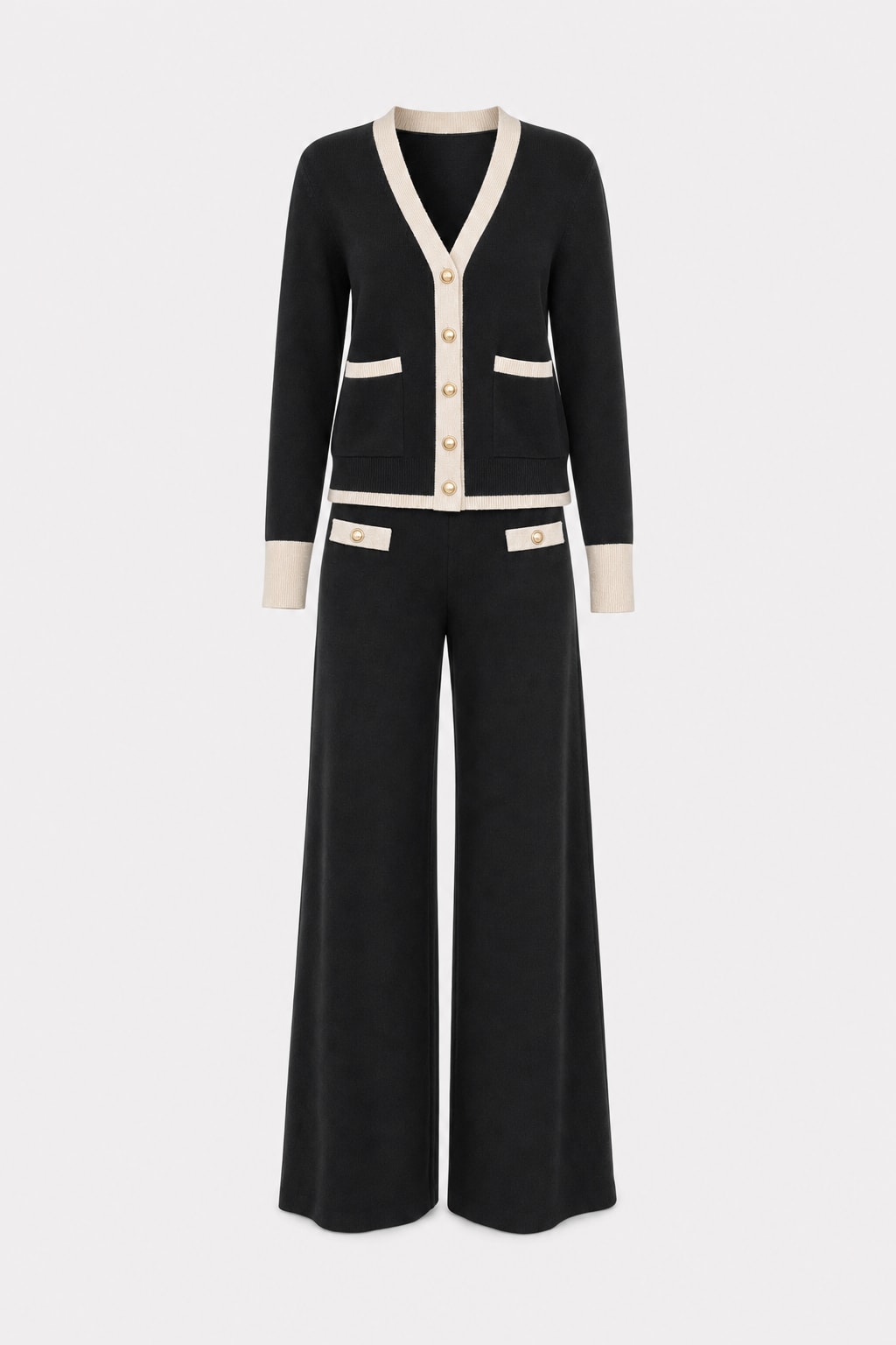 Knit Cardigan And Wide-Leg Pants Two-Piece Set - 1