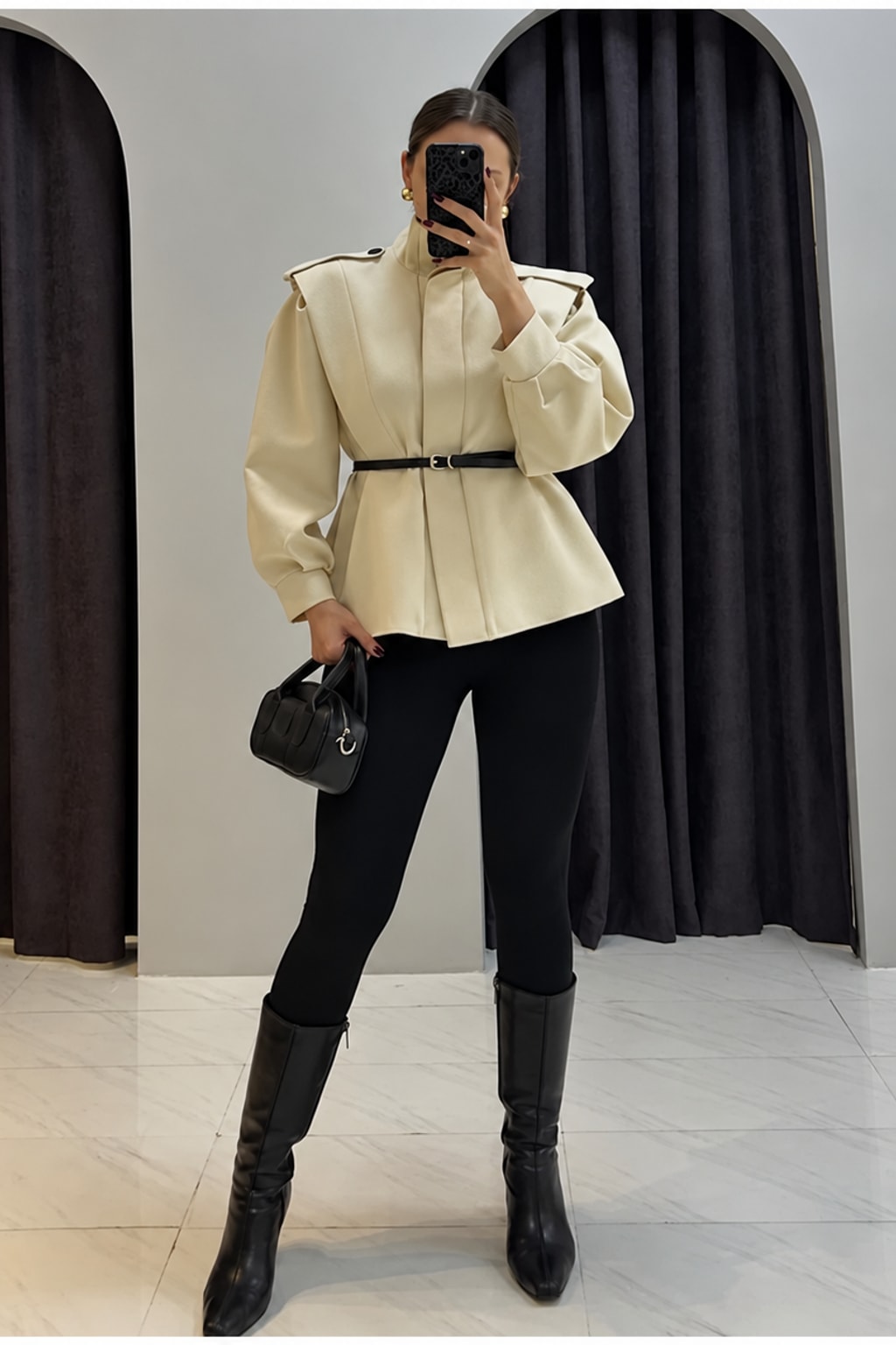 Polyester Trench Coat Cropped With Waist Cinch - 2