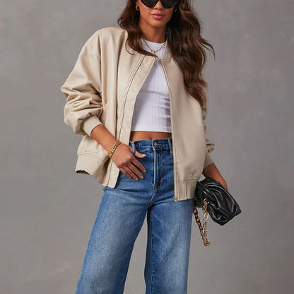 Faux Leather Bomber Jacket with Stand Collar - view 7
