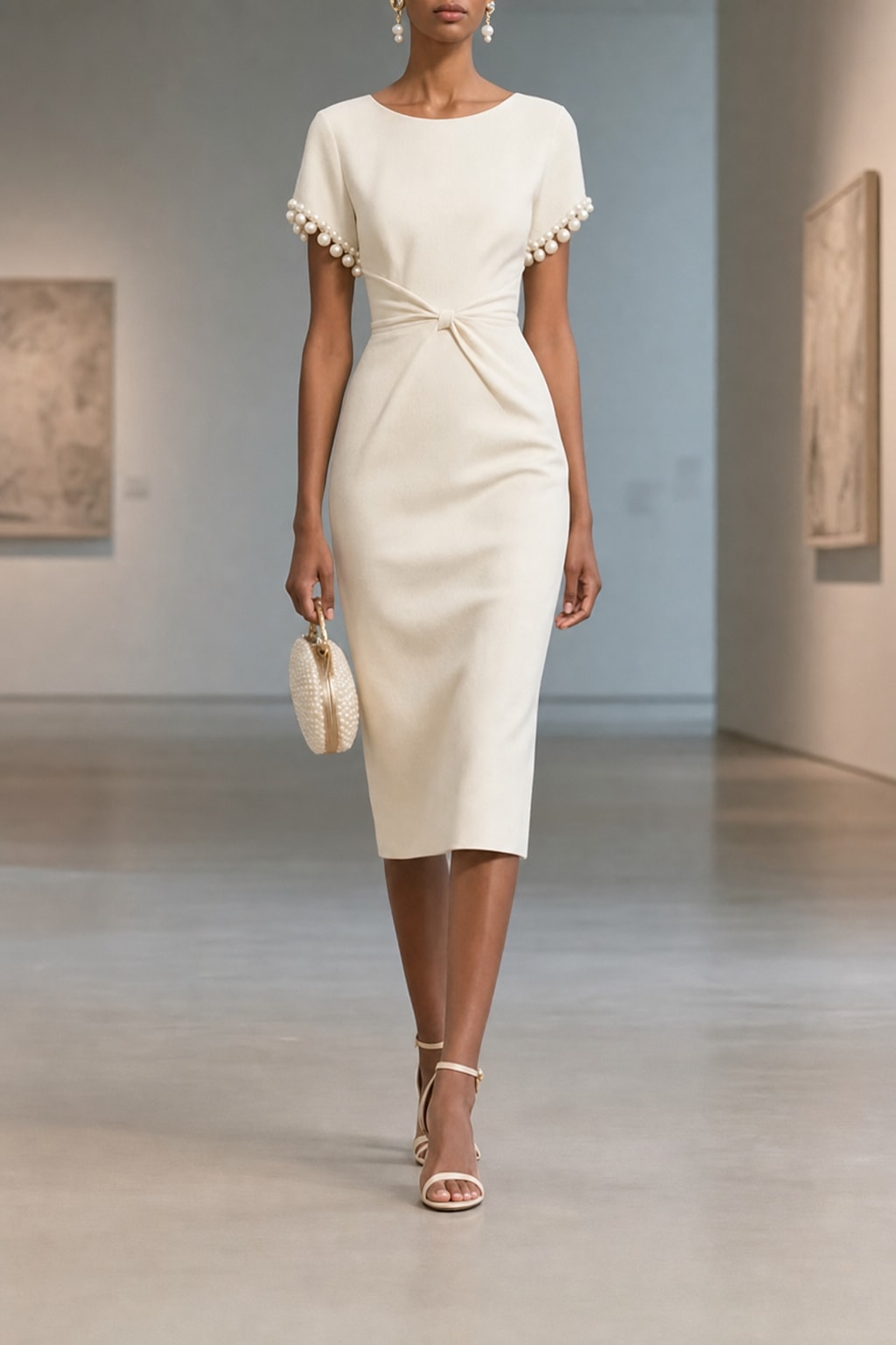 Faux Pearl Knot-Front Boat Neck Sheath Midi Dress - 3